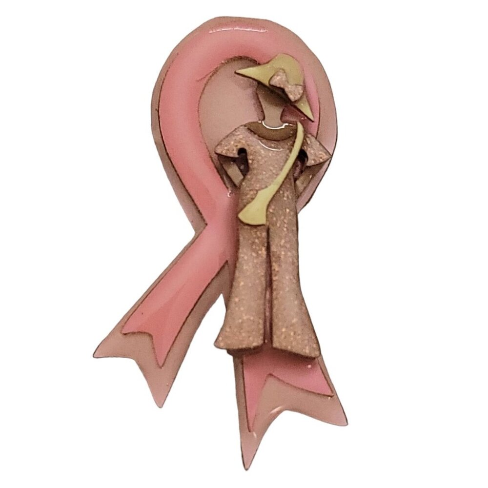 Lucinda Breast Cancer Awareness Pink Ribbon Glitter Woman Lady In Hat Brooch L34 - Picture 1 of 7